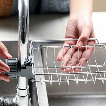 Raft organizator universal pentru bucatarie sau baie, montaj pe robinet, material otel, culoare Argintiu